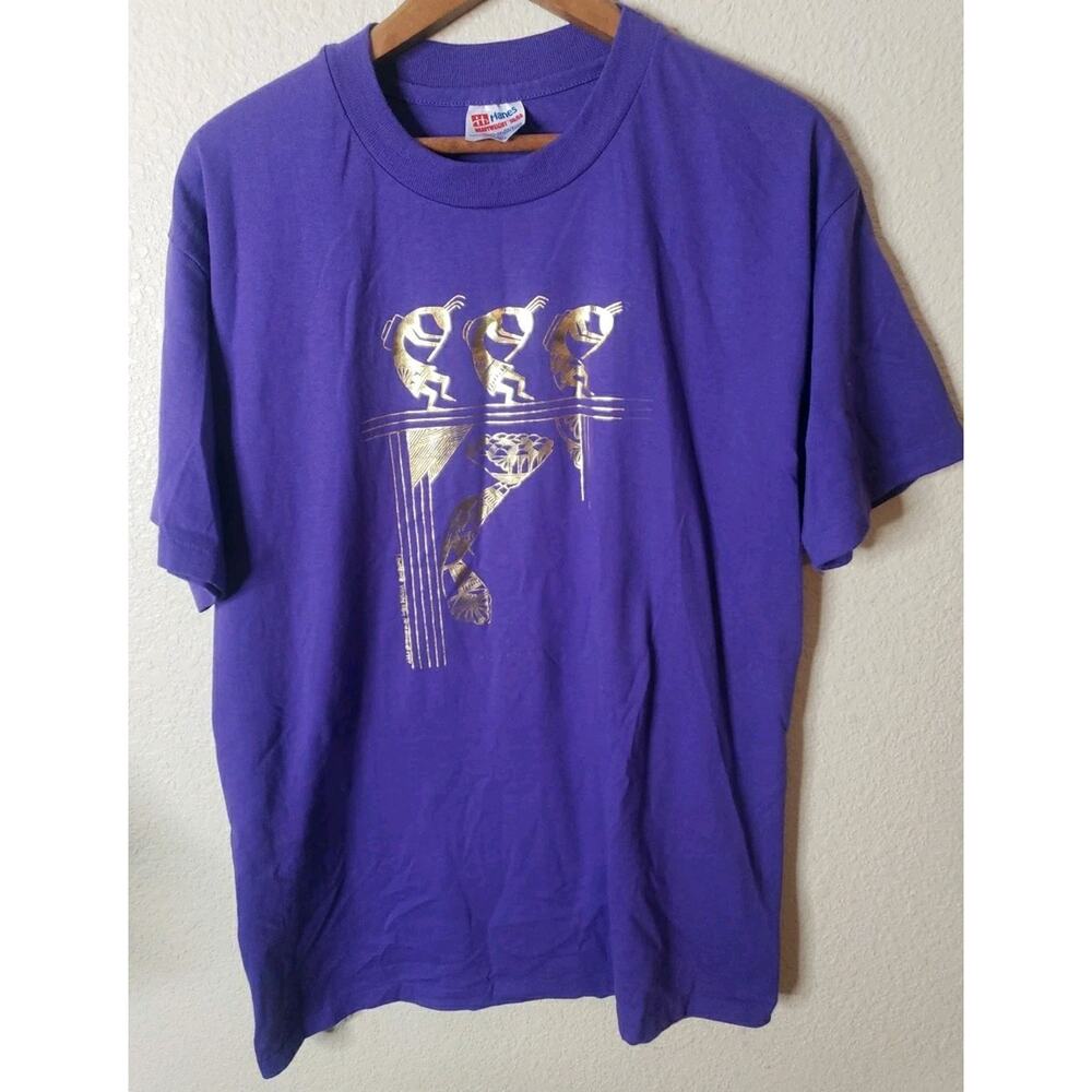 Vintage KOKOPELLI Lawrence Vargas Shirt LARGE Purple Art Single Stitch 90s 90S